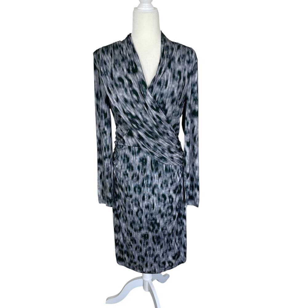 David Meister Animal Print Ruched Midi Sheath Dress Sz 14 Timeless Classic Chic - Picture 1 of 12